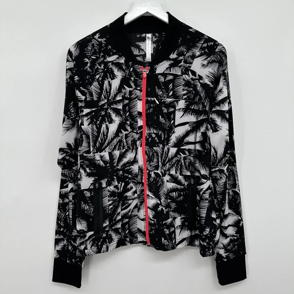 Fabletics Jacket Womens Large Black White Palm Print Full Zip Athletic Pockets‎